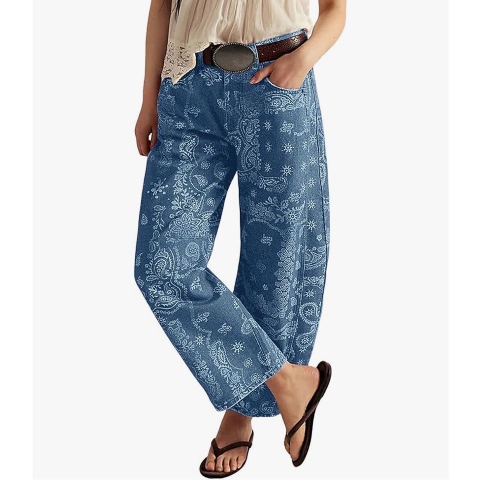 Loveimgs Paisley Bandana Barrel Jeans Women Size S Blue High Waist Wide Leg NEW